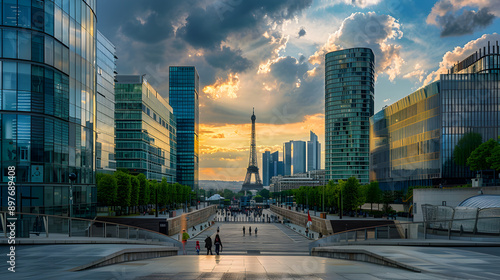Olympic Torch in Front of La Défense: The torch relay passing through the modern district of La Défense, with its skyscrapers and the Eiffel Tower in the distance.



