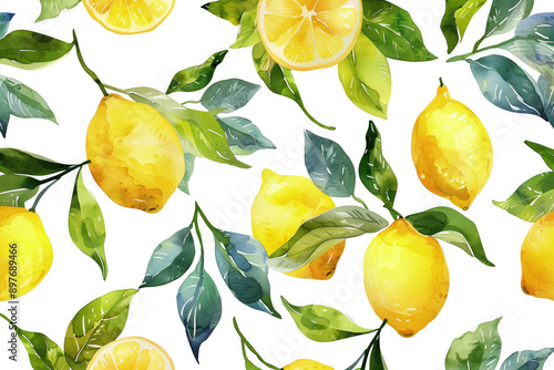 Fruity print with lemons and leaves. Seamless summer pattern