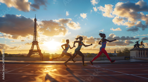 Track and Field Relay with Paris Landmarks: Athletes in a relay race with the baton handoff taking place in front of various Paris landmarks, including the Eiffel Tower.


