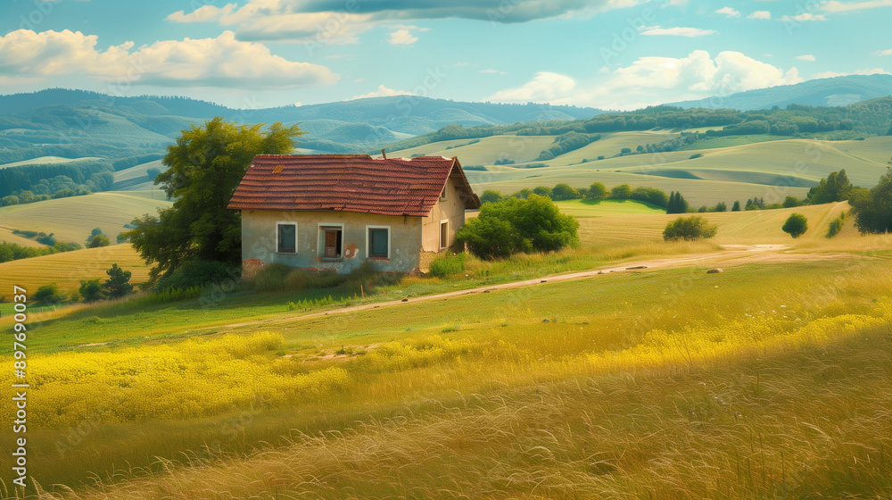 An ancient house in a picturesque rural setting, surrounded by green and yellow meadows and hilly terrain. An ancient house in a picturesque rural setting, surrounded by green and yellow meadows and hilly terrain.