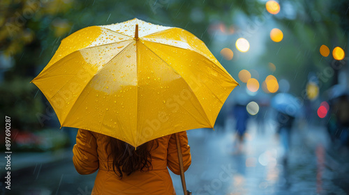 Woman in a Red Dress Holding a Yellow Umbrella