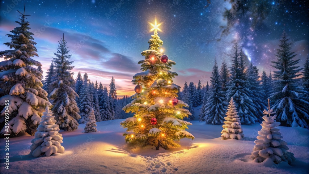 A Luminous Christmas Tree in a Snowy Forest, Digital Art, Christmas Tree, Snow, Night Sky, Christmas Lights A Luminous Christmas Tree in a Snowy Forest, Digital Art, Christmas Tree, Snow, Night Sky, Christmas Lights