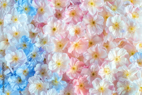 Pretty pink, blue, and yellow flowers in a cluster.