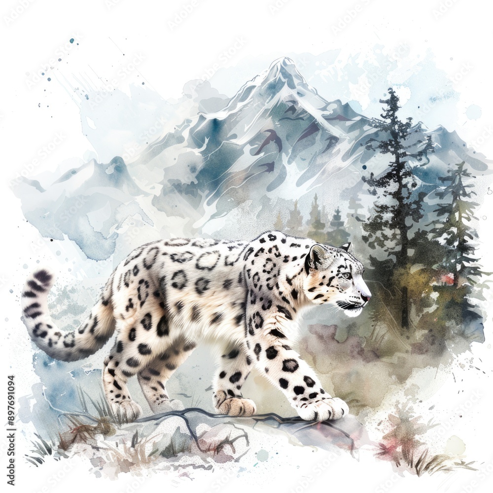 Obraz premium Snow Leopard Background. Majestic Big Cat Roaming the Wilderness of Mountains