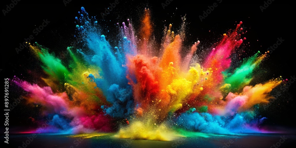 Abstract Rainbow Powder Explosion on Black Background, color powder, colorful explosion, powder splash, abstract background Abstract Rainbow Powder Explosion on Black Background, color powder, colorful explosion, powder splash, abstract background