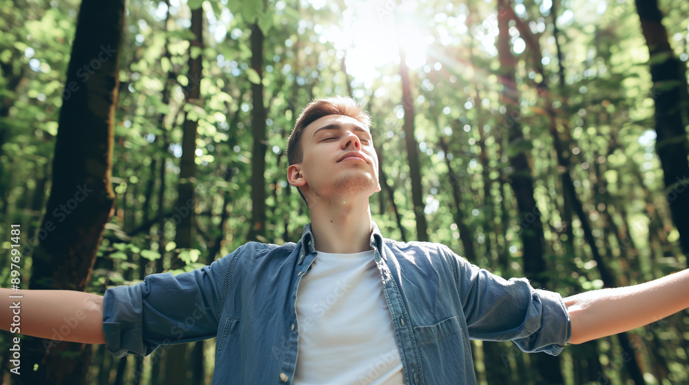 young happy man with eyes closed breathing fresh air in the woods, connecting with nature young happy man with eyes closed breathing fresh air in the woods, connecting with nature