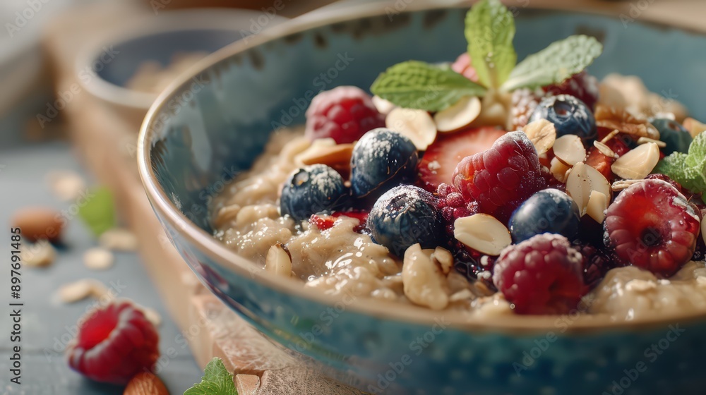 Bowl of oatmeal topped with berries and nuts Bowl of oatmeal topped with berries and nuts