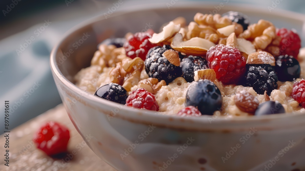 Bowl of oatmeal topped with berries and nuts Bowl of oatmeal topped with berries and nuts