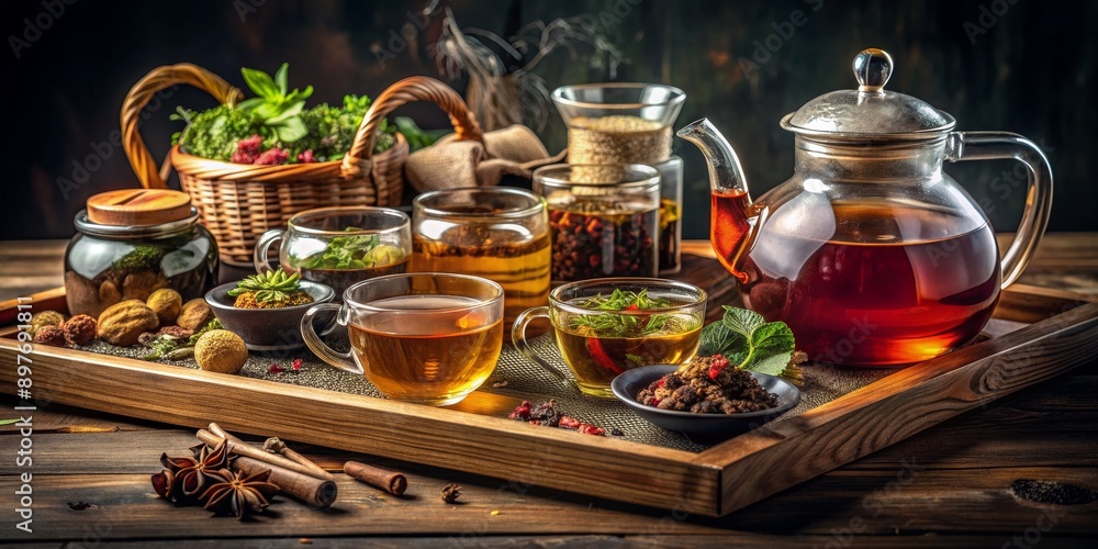 Aromatic Herbal Tea Still Life with Glass Teapot, Wooden Tray, and Fresh Herbs, tea, herbs, teapot, wooden tray Aromatic Herbal Tea Still Life with Glass Teapot, Wooden Tray, and Fresh Herbs, tea, herbs, teapot, wooden tray