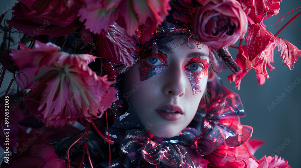 Portrait of a person adorned with pink flowers and makeup Portrait of a person adorned with pink flowers and makeup