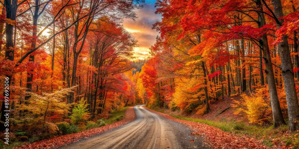 Obraz premium Autumn Road Through a Forest of Red, Orange, and Yellow Leaves, landscape, autumn, nature, fall foliage