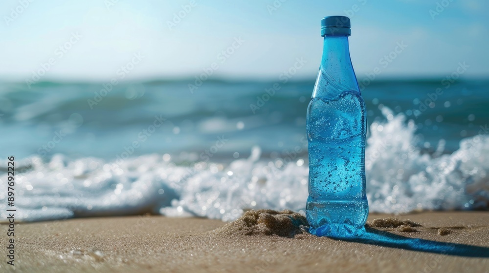 Clear bottle with blue label, lying on sandy shore Clear bottle with blue label, lying on sandy shore