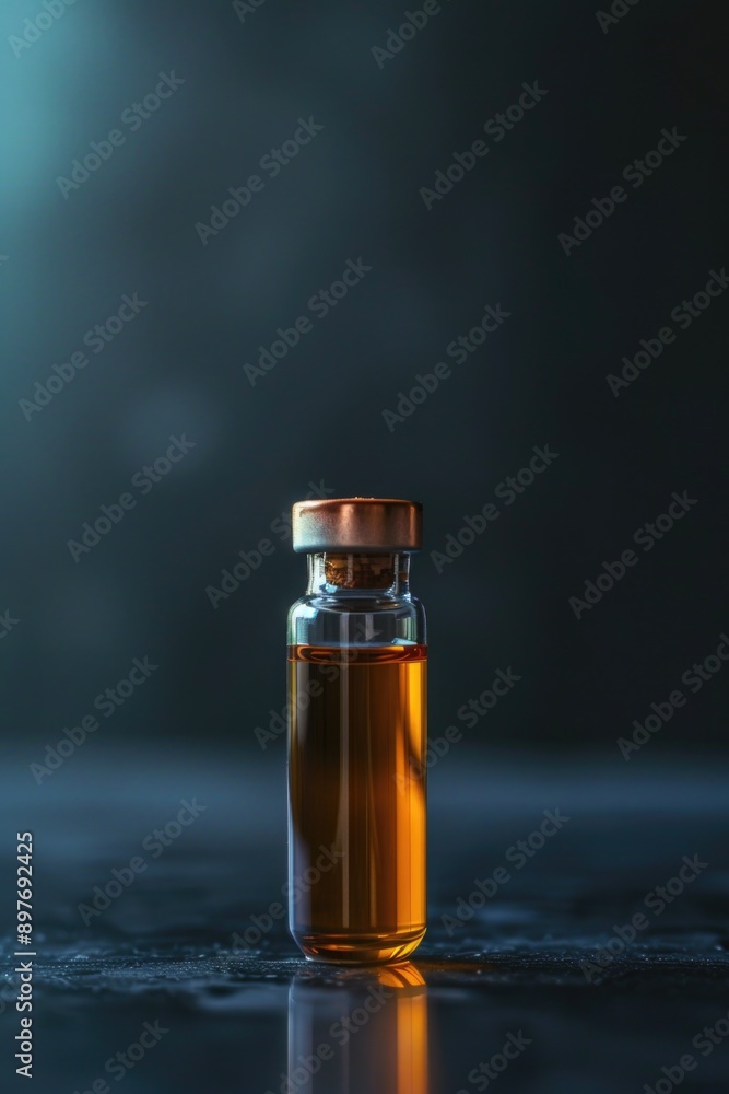 A small vial of yellowish liquid, likely a medication or vaccine, with a dropper and an orange top for dispensing. This is used to deliver pharmaceuticals into the body through injections. A small vial of yellowish liquid, likely a medication or vaccine, with a dropper and an orange top for dispensing. This is used to deliver pharmaceuticals into the body through injections.