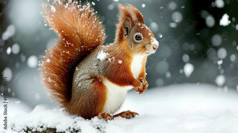 Squirrel standing still on snowy branch, surrounded by falling snow. Adorable winter scene. Squirrel standing still on snowy branch, surrounded by falling snow. Adorable winter scene.