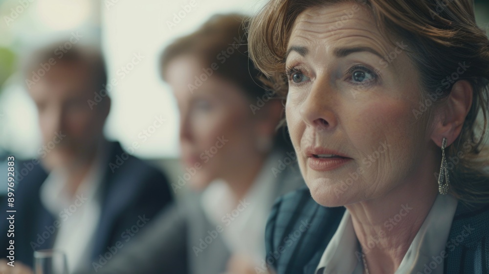 Meeting of business professionals in a corporate setting, discussing professional matters with serious expressions and focused attention. Meeting of business professionals in a corporate setting, discussing professional matters with serious expressions and focused attention.