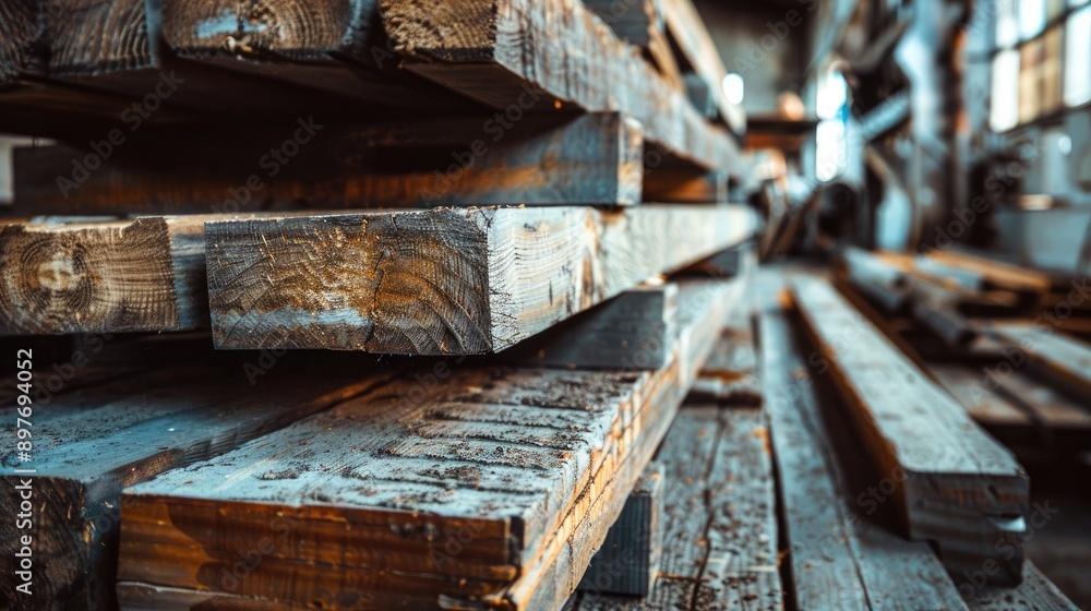 Stack of aged wooden planks in an indoor sawmill Vintage timber stack for construction Industrial retro look Stack of aged wooden planks in an indoor sawmill Vintage timber stack for construction Industrial retro look