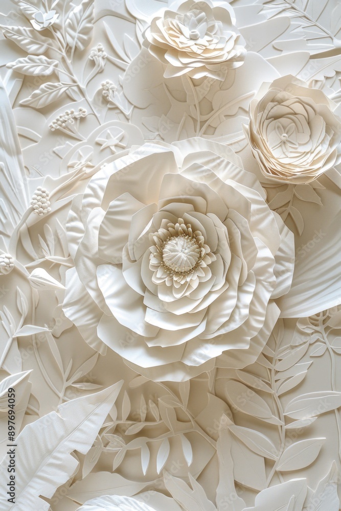 Handmade craft of paper flowers and leaves in shades of beige and white. Embellished decorative art for wall hangings or tabletops. Handmade craft of paper flowers and leaves in shades of beige and white. Embellished decorative art for wall hangings or tabletops.