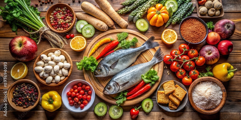 Fresh Fish with Vegetables and Spices on Wooden Table, seafood, food photography, culinary art, recipe inspiration Fresh Fish with Vegetables and Spices on Wooden Table, seafood, food photography, culinary art, recipe inspiration