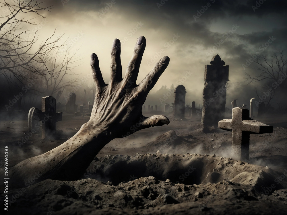 Spooky zombie hand coming out from the ground of the graveyard on Halloween night Spooky zombie hand coming out from the ground of the graveyard on Halloween night
