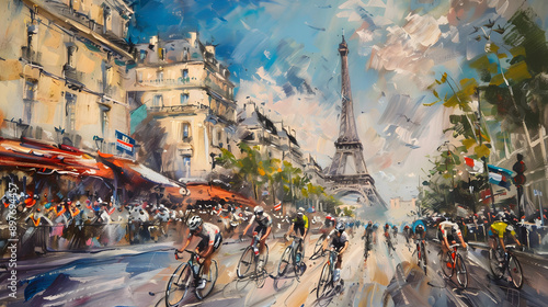 Fototapeta Naklejka Na Ścianę i Meble -  Cyclists Racing Past Parisian Cafes: A cycling race passing by iconic Parisian cafes, with the Eiffel Tower visible in the distance and spectators cheering.



