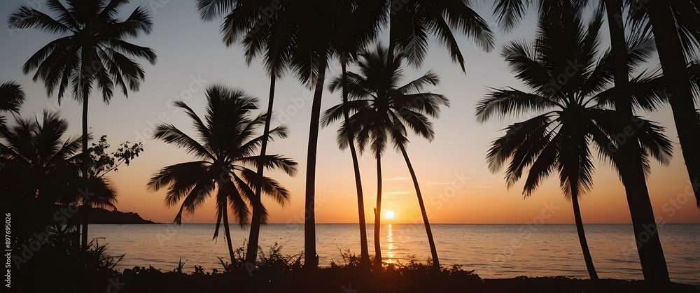 Obraz premium A nostalgic photograph of a tropical sunset, framed by the silhouette of palm leaves. The setting sun casts a warm, orange glow across the sky and the calm ocean water, 