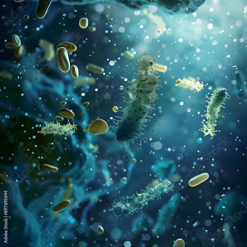 Dynamic marine microbial community displaying a diverse range of microorganisms thriving in a rich aquatic environment.