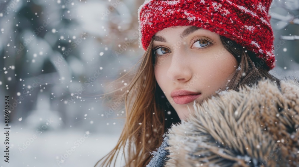 Young woman in red beanie and winter jacket, embracing the snowy weather. Young woman in red beanie and winter jacket, embracing the snowy weather.