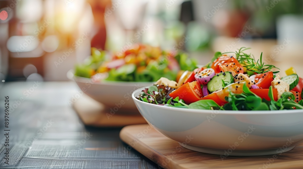 Fresh and colorful salad bowls filled with vibrant vegetables, perfect for healthy eating and food photography. Fresh and colorful salad bowls filled with vibrant vegetables, perfect for healthy eating and food photography.