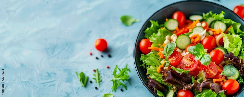 Fresh and colorful salad with cherry tomatoes, cucumbers, and greens, perfect for healthy eating and vibrant meal preparation. Fresh and colorful salad with cherry tomatoes, cucumbers, and greens, perfect for healthy eating and vibrant meal preparation.