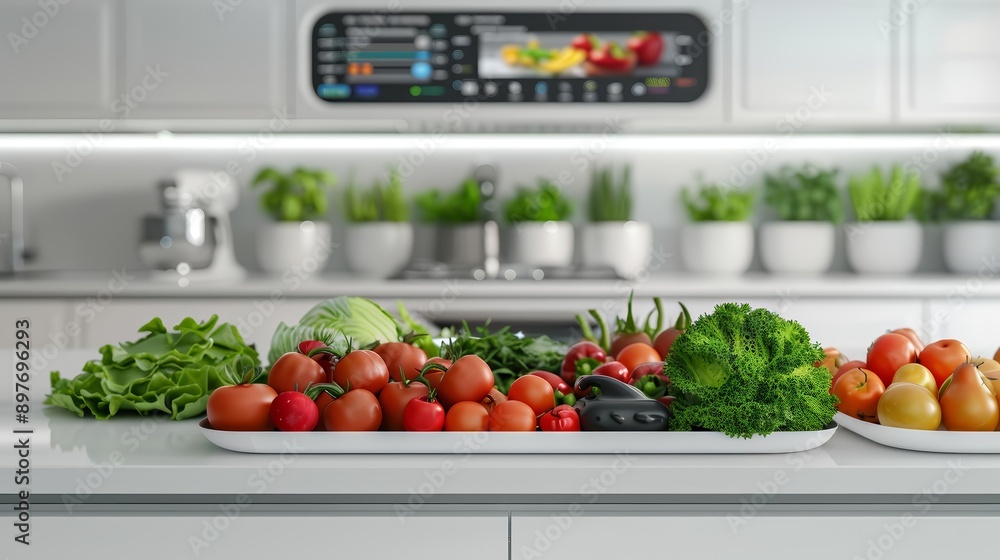 Fresh vegetables and fruits arranged beautifully in a modern kitchen, showcasing healthy lifestyle and culinary preparation. Fresh vegetables and fruits arranged beautifully in a modern kitchen, showcasing healthy lifestyle and culinary preparation.