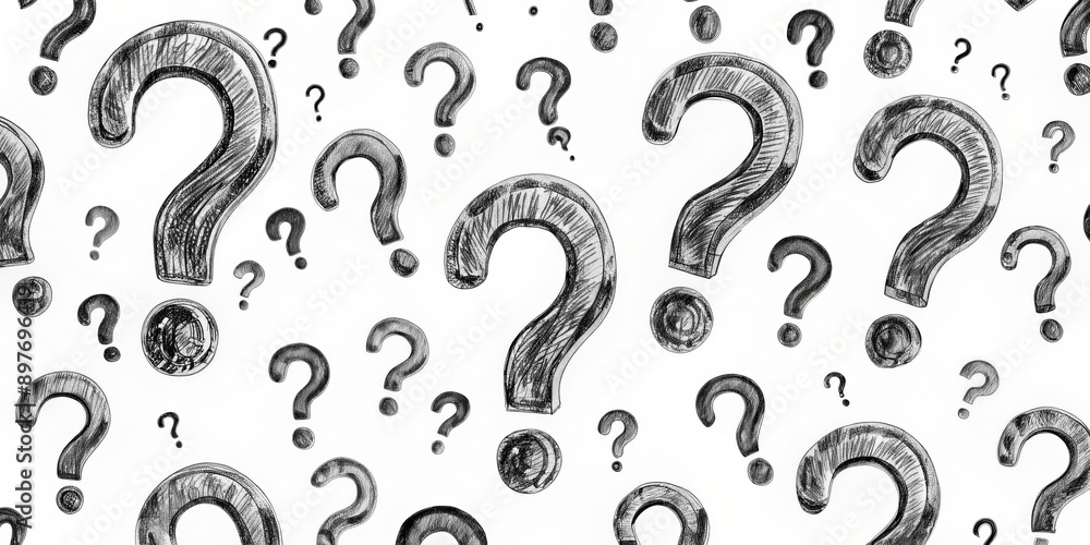 Naklejka premium Pencil Sketch of Question Marks, black and white, abstract concept, interrogation, query, mystery, doubt