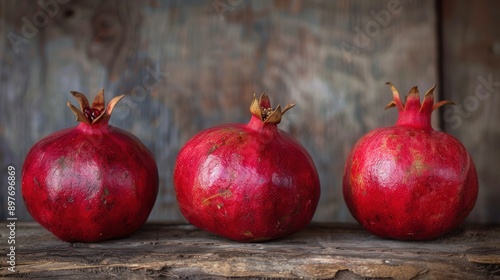 Three ripe pomegranates with visible seeds are displayed on a rustic wooden surface.