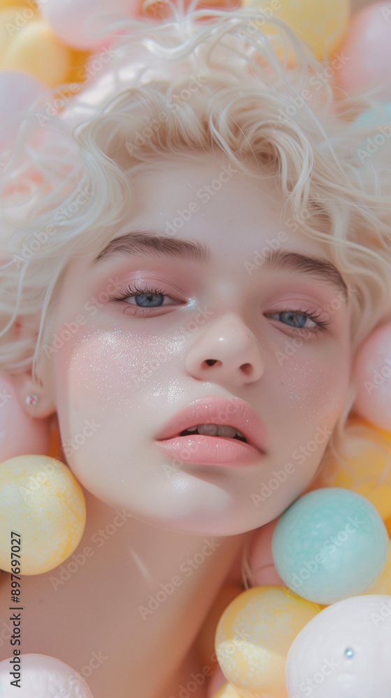 Soft portrait of a woman with pastel yellow and blue spheres Soft portrait of a woman with pastel yellow and blue spheres