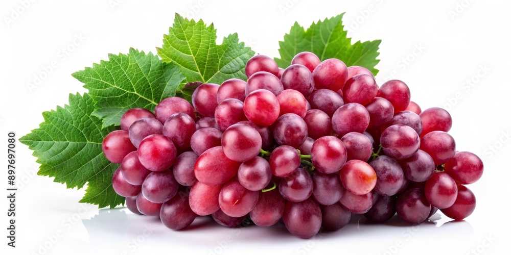 Obraz premium Red Grape Cluster with Green Leaves, white background, isolated, still life, fruit, grape, vineyard