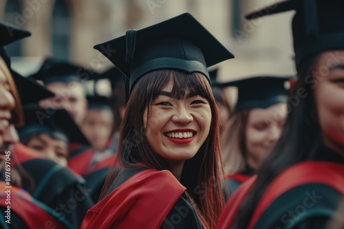 Smiling graduate with a red gown and mortarboard hat, surrounded by fellow graduates celebrating their academic accomplishment.