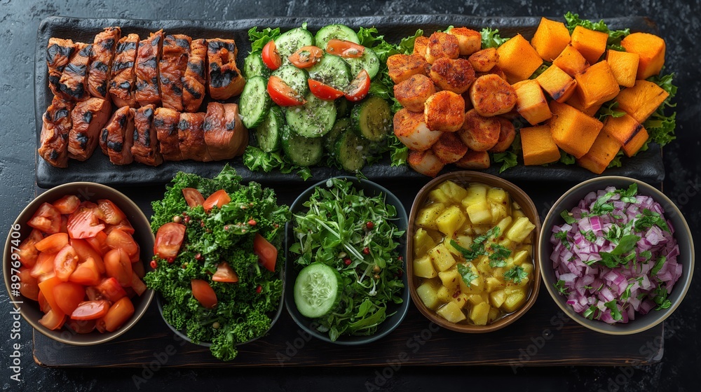 Grilled Meats and Fresh Vegetables Platter, Suitable for Food and Culinary Concepts Grilled Meats and Fresh Vegetables Platter, Suitable for Food and Culinary Concepts