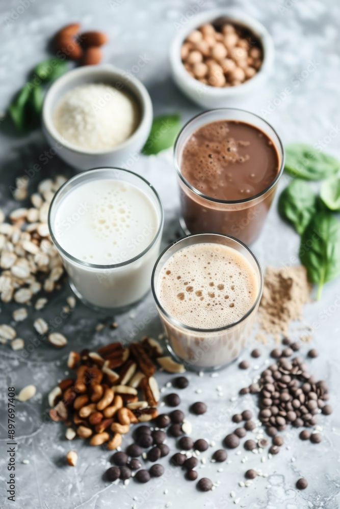 Variety of food and drinks for healthy eating and smoothies, includes nuts, seeds, milk and chocolate alternatives. Variety of food and drinks for healthy eating and smoothies, includes nuts, seeds, milk and chocolate alternatives.