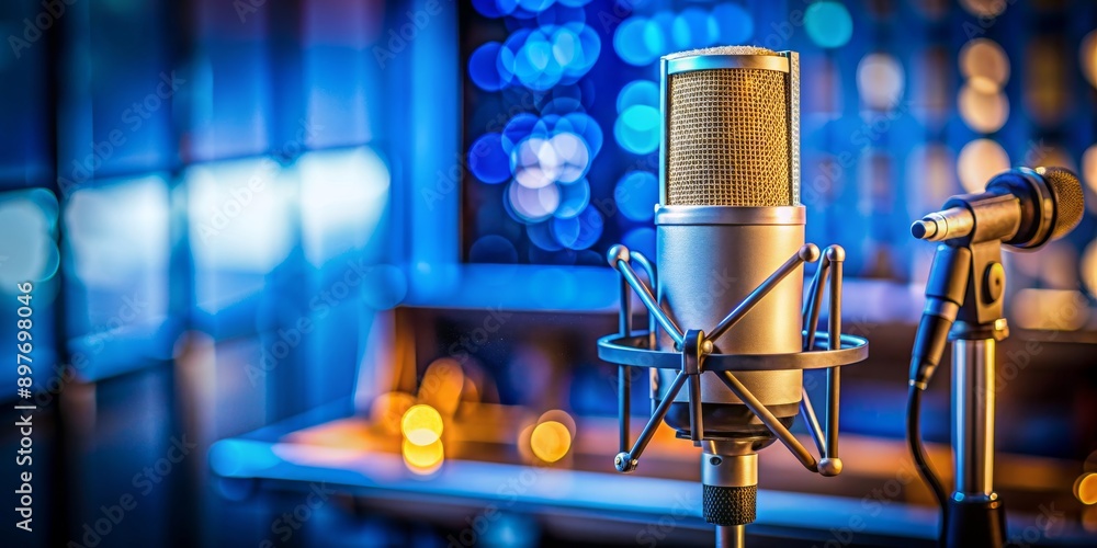 Studio Microphone in Blue Lights, Closeup, Blue Bokeh, Golden, Recording , microphone , studio Studio Microphone in Blue Lights, Closeup, Blue Bokeh, Golden, Recording , microphone , studio