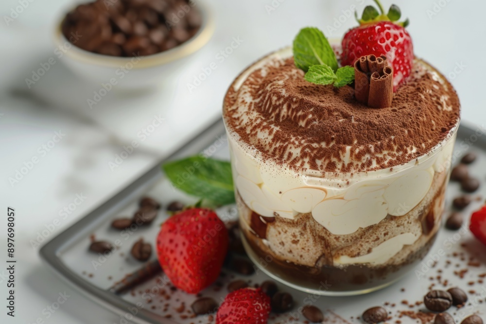 Close-up of tiramisu with chocolate shavings and strawberries on top. Close-up of tiramisu with chocolate shavings and strawberries on top.