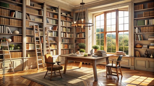 Wallpaper Mural Sunlight Streaming Through a Window in a Library, 3D Render, Bookcase, Reading Room, Interior Design, library, bookshelves Torontodigital.ca