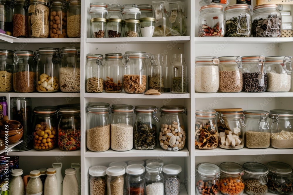 Assortment of spices and condiments in glass jars on white shelves Assortment of spices and condiments in glass jars on white shelves