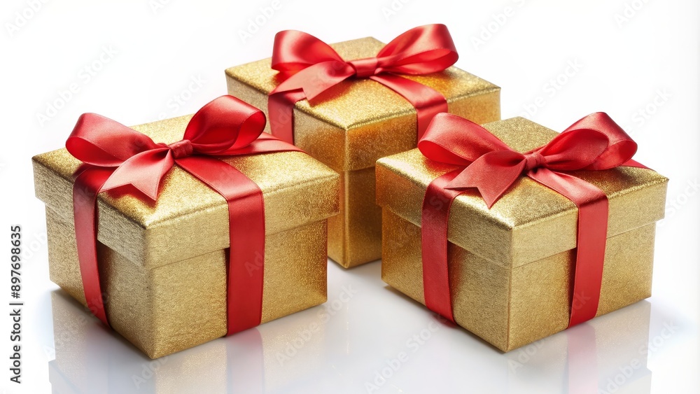 Three Golden Gift Boxes with Red Ribbons, Close-up, Isolated, Christmas, Holiday, Decoration, Present Three Golden Gift Boxes with Red Ribbons, Close-up, Isolated, Christmas, Holiday, Decoration, Present