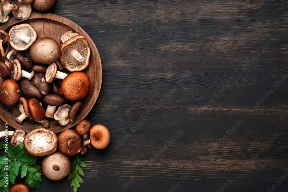 Obraz premium Assortment of various raw mushrooms on dark wood background. Vegan food concept. Template for design menu, recipe, banner, poster. Top view, flat lay with copy space