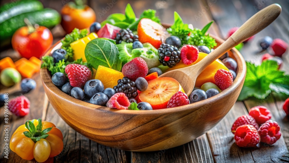Wooden Bowl Filled with Fresh Fruit Salad, Fruits, Berries, Salad, Wooden Bowl , Healthy Wooden Bowl Filled with Fresh Fruit Salad, Fruits, Berries, Salad, Wooden Bowl , Healthy