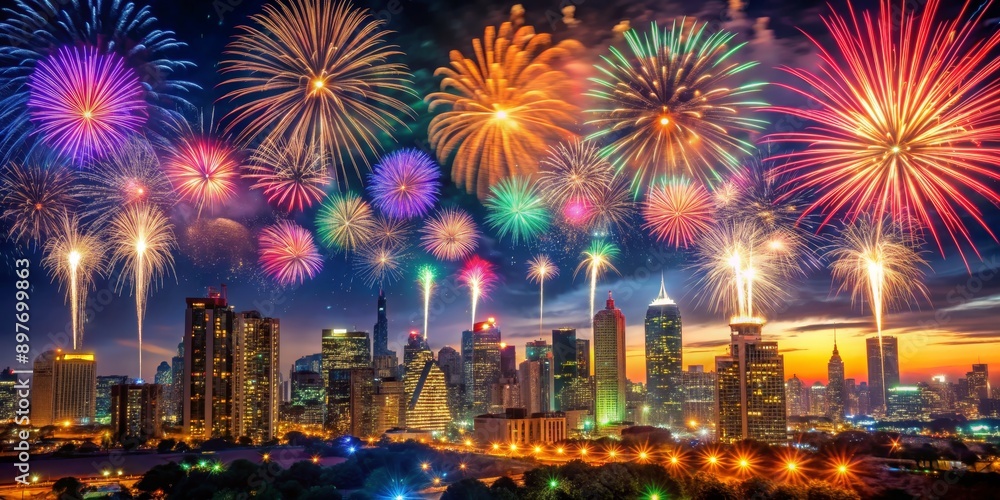 Obraz premium Cityscape Fireworks Display, Night Sky, Urban Celebration, Light Show, Skyline