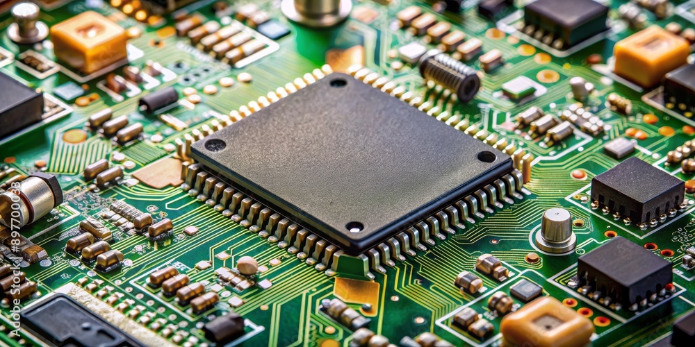 Closeup of a Microchip on a Green Circuit Board, Technology, Electronics, Hardware, Microchip Closeup of a Microchip on a Green Circuit Board, Technology, Electronics, Hardware, Microchip