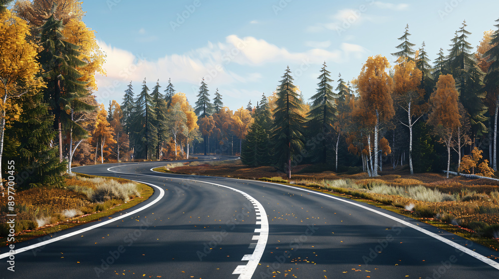 Sunny day on an empty asphalt road winding through a vibrant autumn forest with colorful foliage Sunny day on an empty asphalt road winding through a vibrant autumn forest with colorful foliage