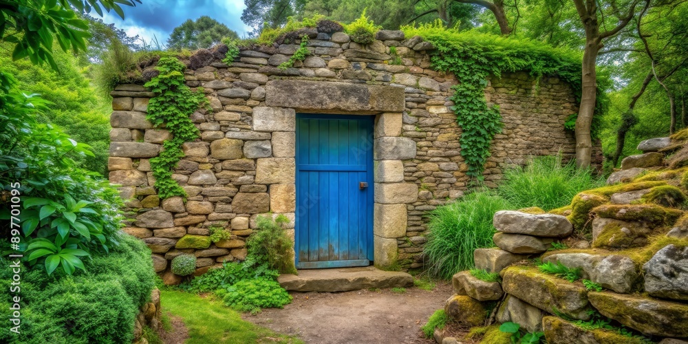 A Secluded Stone Doorway in a Lush Garden, Stone Wall, Blue Door, Greenery, Forest Path, stone, moss A Secluded Stone Doorway in a Lush Garden, Stone Wall, Blue Door, Greenery, Forest Path, stone, moss