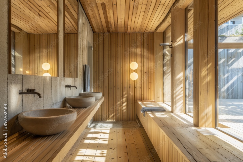 Interior of modern bathroom with wooden walls, wooden floor and bathtub. Interior of modern bathroom with wooden walls, wooden floor and bathtub.
