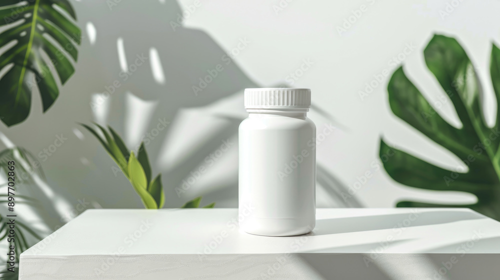 blank supplement bottle of a jar for medicines and food additives on a white background with plant leaves blank supplement bottle of a jar for medicines and food additives on a white background with plant leaves